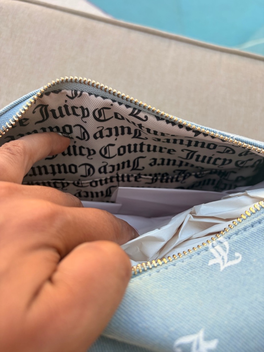 Juicy Couture Denim/ Light Blue Logo Satchel with Strawberry Charm - Picture 9 of 10